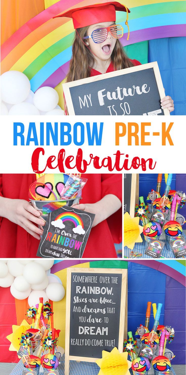 a girl in a red dress holding up a rainbow pre - k celebration sign