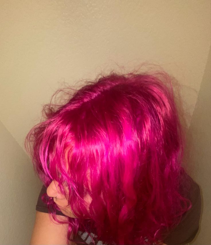 Neon Pink Hair Aesthetic, Pink Hair No Bleach, Curly Hot Pink Hair, Bright Color Hair, All Pink Hair, Dark Pink Hair Dye, Wavy Pink Hair, Bright Dyed Hair, Red To Pink Hair