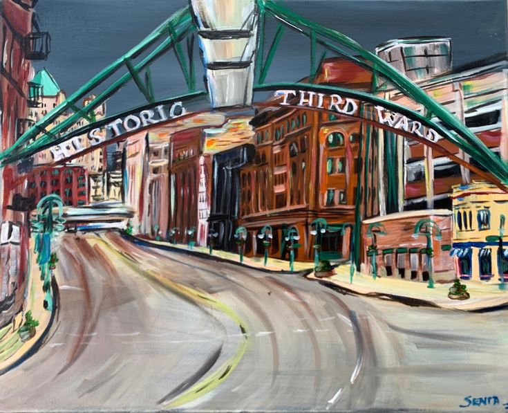 an oil painting of a street scene with buildings and a bridge in the background that reads third avenue