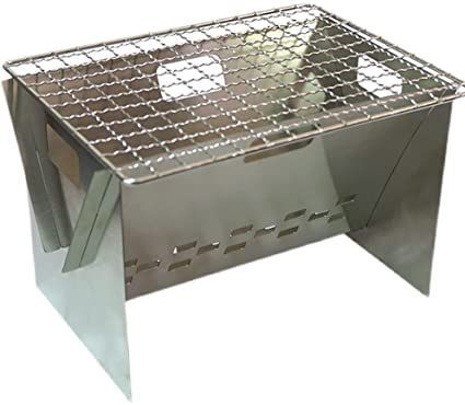 a stainless steel grill with two burners on the bottom and one open door at the top