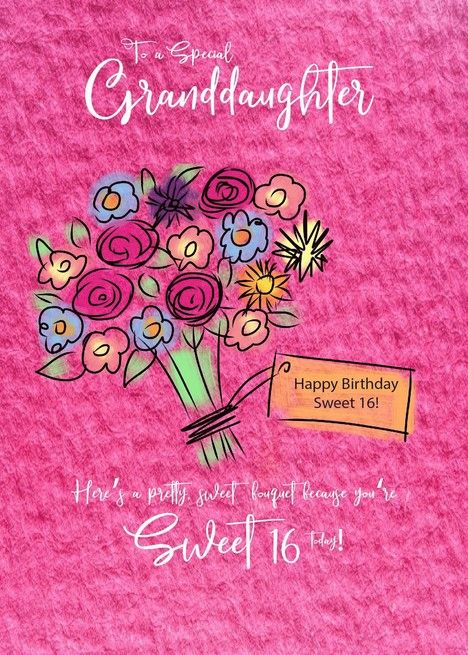 a pink card with flowers on it saying, happy birthday sweet 16 th anniversary granddaughter