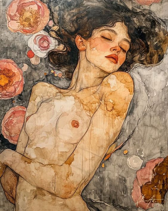 a painting of a naked woman with flowers in her hair and on her chest is surrounded by petals