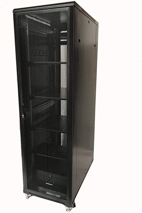 an empty black metal storage cabinet on wheels