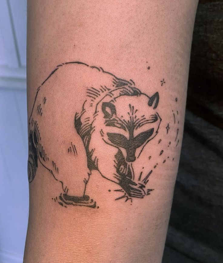 a black and white photo of a raccoon tattoo