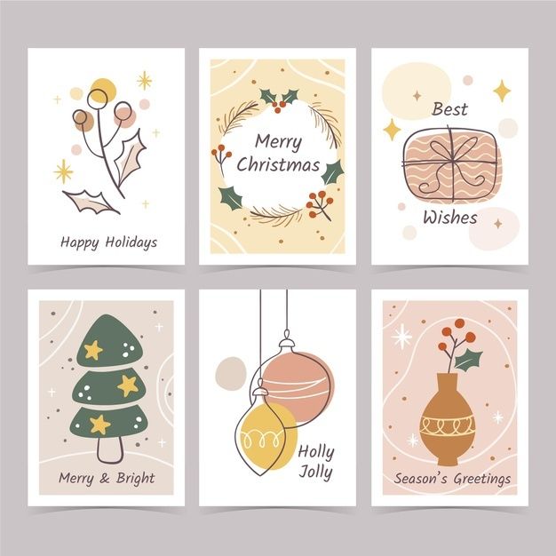 four christmas cards with ornaments hanging from them