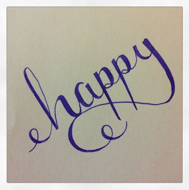 the word happy written in cursive writing on a white paper with blue ink