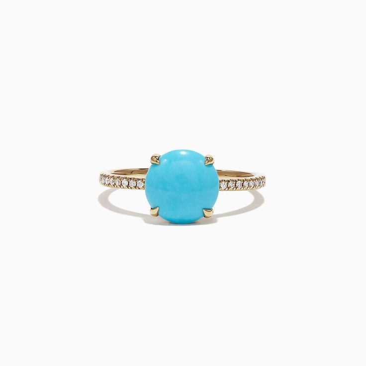 Effy 14K Yellow Gold Turquoise Diamond Ring, 1.40 TCW | effyjewelry.com Blue Turquoise Ring With Center Stone, Turquoise Ring With Gemstone Accents Fine Jewelry, Turquoise Rings With Gemstone Accents In Fine Jewelry Style, Turquoise Fine Jewelry Ring With Gemstone Accents, Fine Jewelry Turquoise Ring With Oval Cabochon, Types Of Turquoise, Turquoise Diamond Ring, Diamond Evil Eye Bracelet, Turquoise Diamond Rings