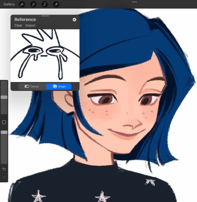 an animated girl with blue hair and stars on her shirt is looking at the camera