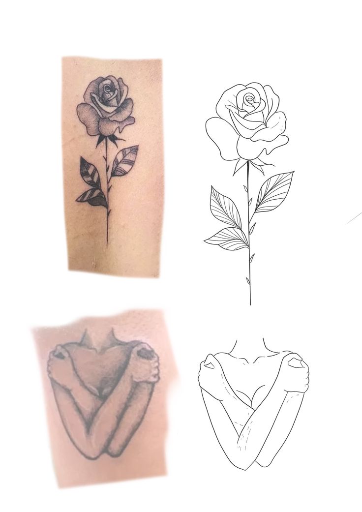 four different tattoos with roses on them