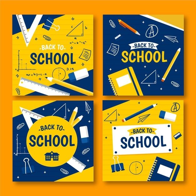 back to school banners with pencils, rulers and other items on yellow paper background