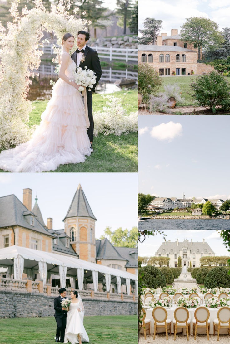 the bride and groom are posing for pictures in front of their wedding reception venue at this estate