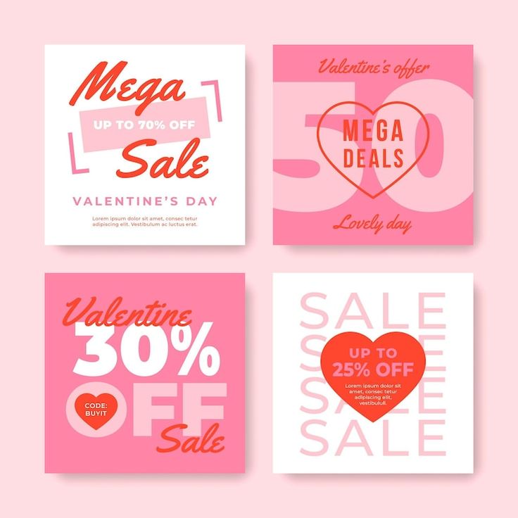 four valentine's day sale cards in pink and white