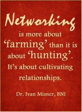 a red background with a quote from dr evan misser on networking is more about farming than it is about hunting