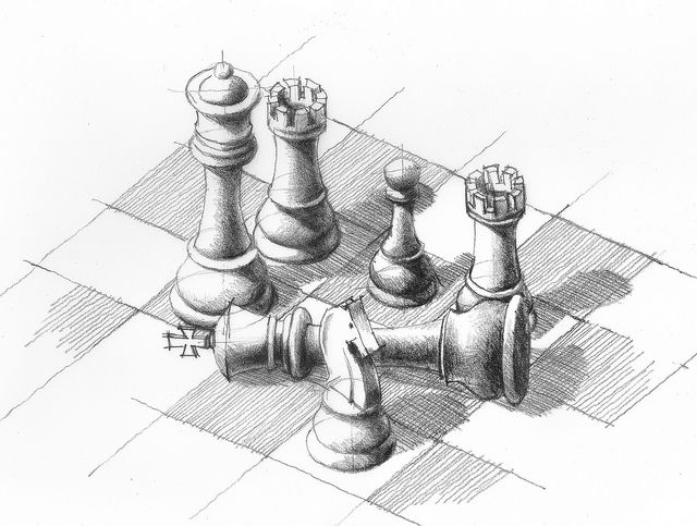 a black and white drawing of chess pieces