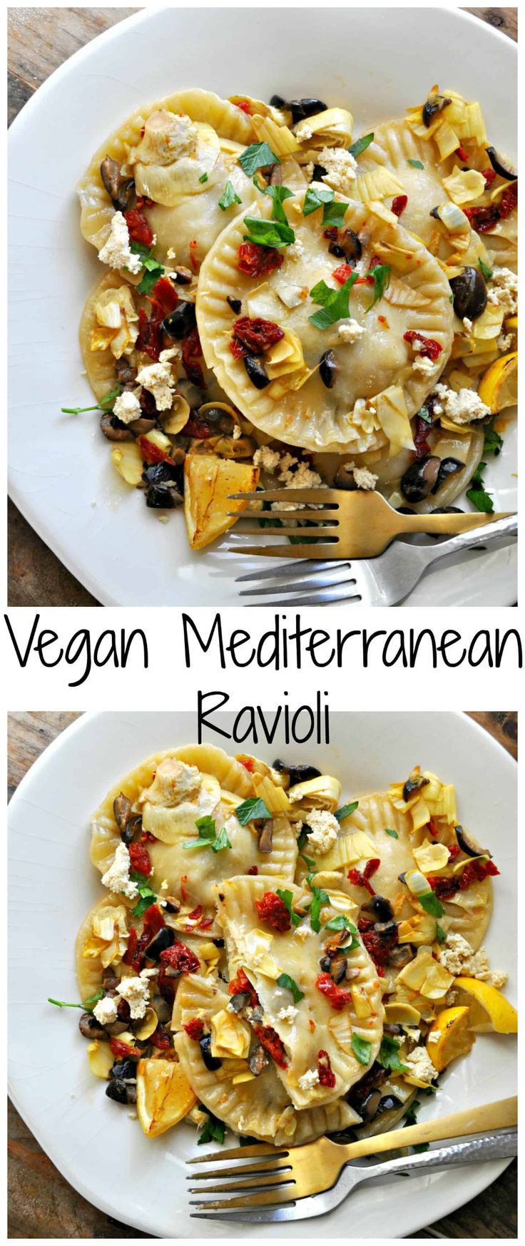 two plates filled with pasta and vegetables on top of a wooden table next to each other