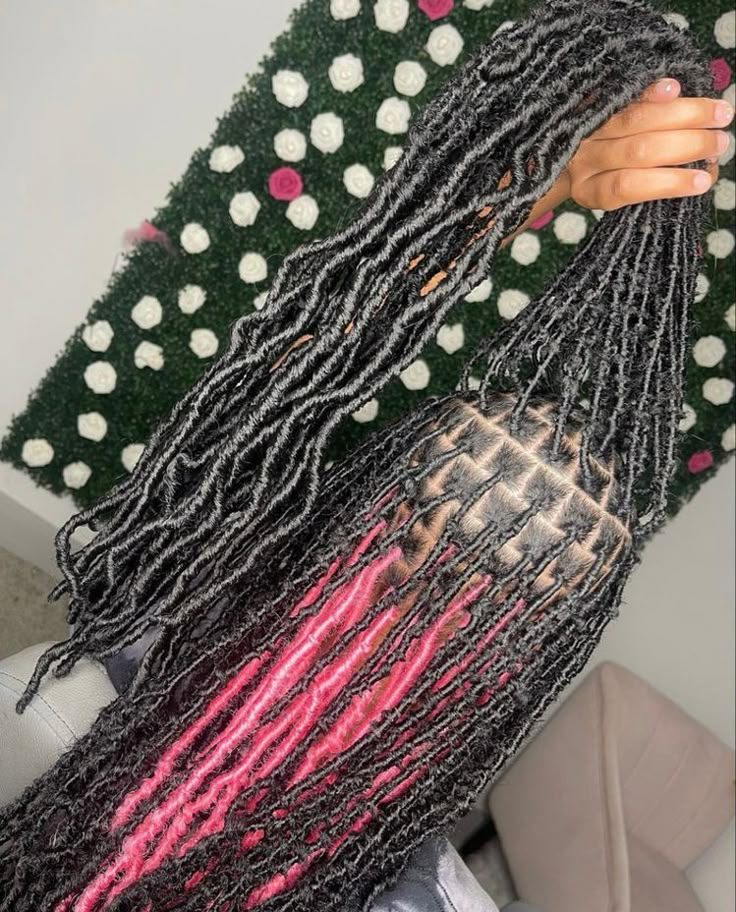 Pick A Boo Soft Locs, Peekaboo Soft Locs Red, Long Faux Locs With Color, Faux Locs Colored, Birthday Braids, Pink Locs, Faux Locs Styles, Era Aesthetic, Weave Hairstyles Braided