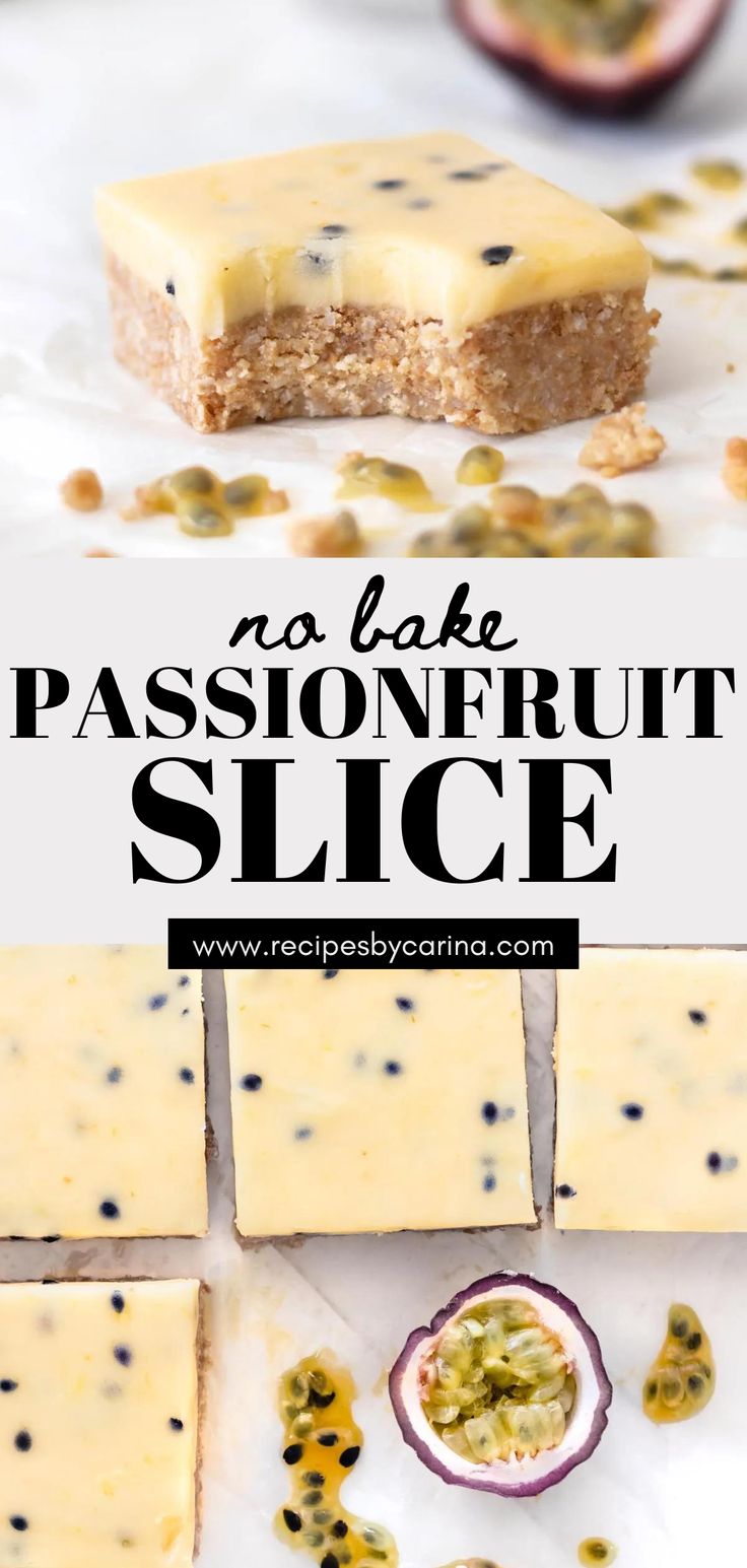 no bake passionfruit slice on a white surface