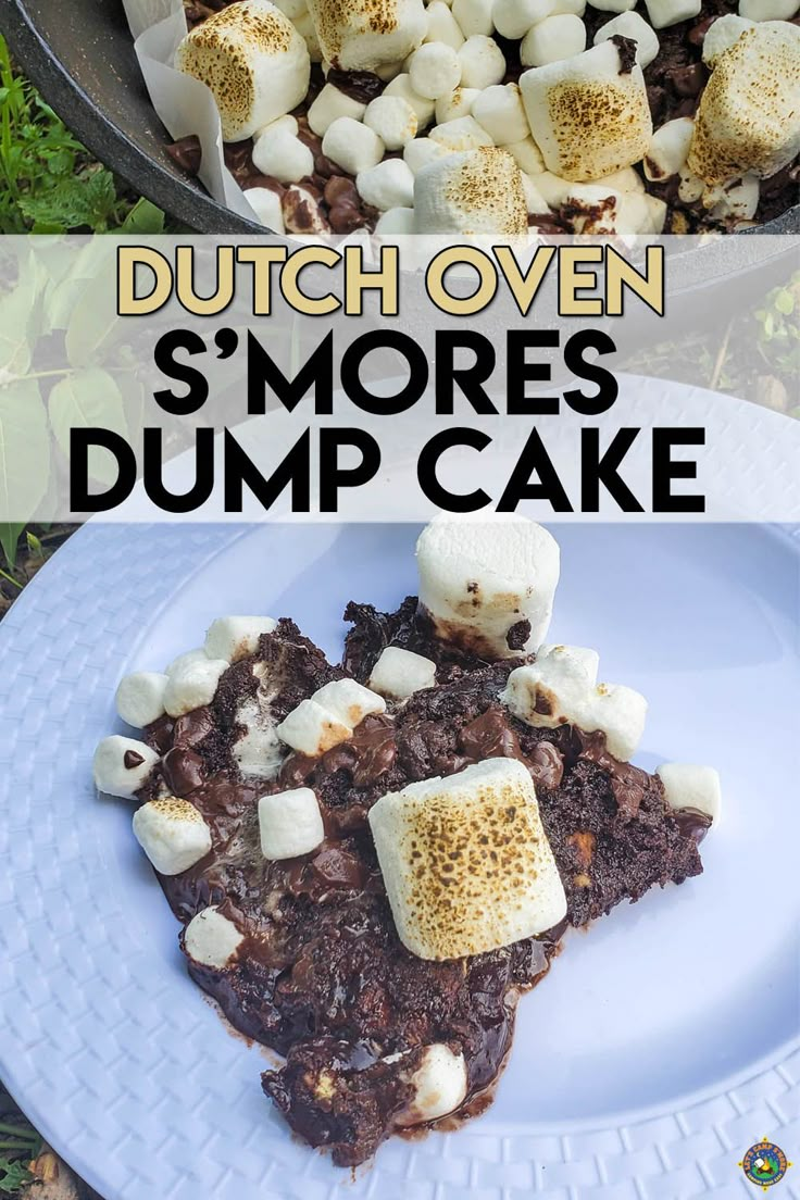 there is a cake with marshmallows on it and the words dutch oven s'mores dump cake