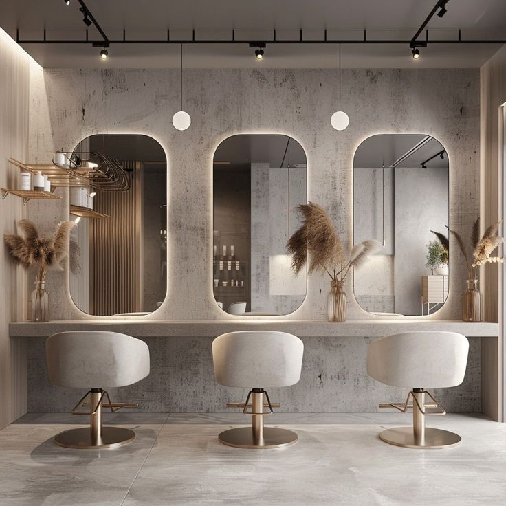 the interior of a hair salon with mirrors and stools in front of two sinks