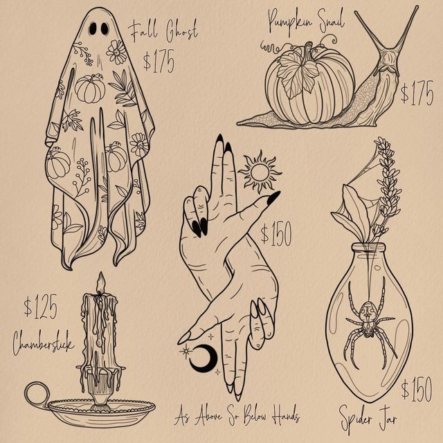 hand drawn images of halloween items in vases