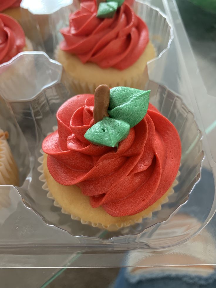 cupcakes with red frosting and green leaves on top in a plastic container