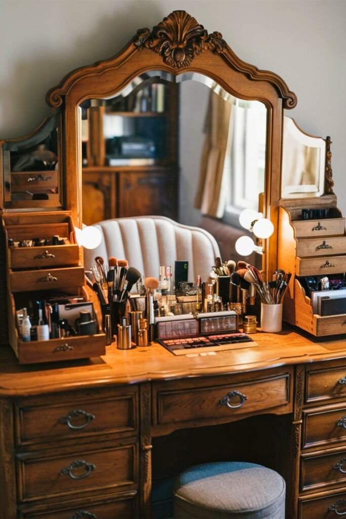 an antique vanity with drawers, mirror and makeup brushes on it in front of a bed