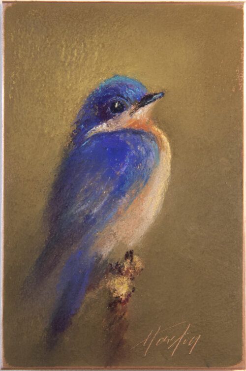 a painting of a blue bird perched on a branch