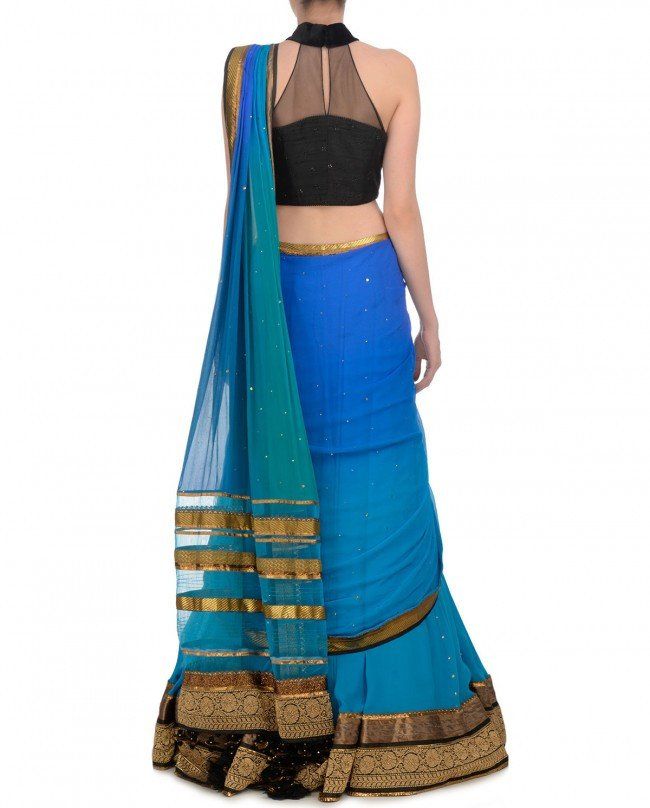 Blue and Black party wear chaniya choli Traditional Pre-draped Saree With Unstitched Blouse In Organza, Traditional Pre-draped Organza Saree With Unstitched Blouse, Traditional Organza Pre-draped Saree With Unstitched Blouse, Anarkali Choli With Sheer Dupatta In Chanderi, Designer Anarkali Choli With Sheer Dupatta, Blue Choli With Sheer Dupatta For Navratri, Blue Organza Choli With Cutdana, Lehenga With Pallu In Organza, Anarkali Choli In Raw Silk With Cutdana