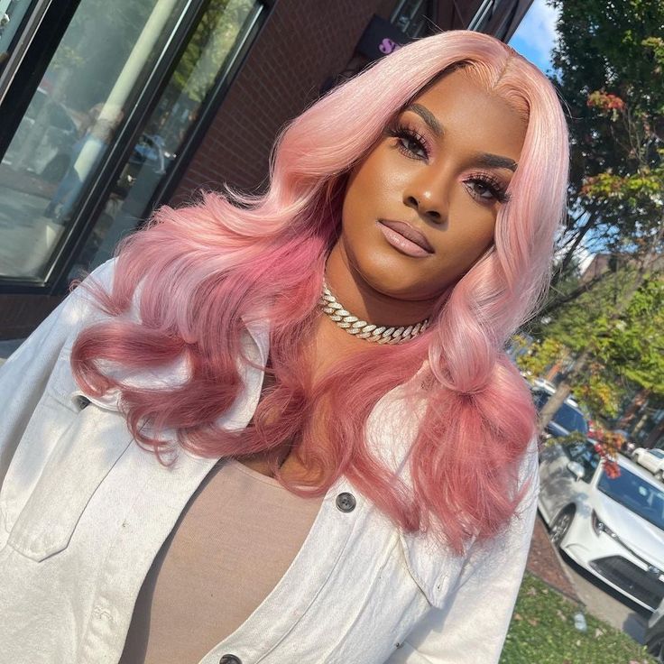 Hair Color: Light Pink Ombre Color Hair Texture: 613 Raw Hair Hair Length: 14-30" Hair Type: Human Hair 13*4 Lace Front Hair Density: 150% Lace Color: Transparent Cap Size: Medium Cap Size (22-22.5 Inches) Knots: Hand Tied Single knots at the front hairline, double knots throughout the rest of the cap to endure durability. Hair Style: The wig is freestyle ventilated, which means you can comb your hair in any direction. Style Lace Front Wig, Hair Light, Pink Wig, Raw Hair, Front Lace Wigs Human Hair, Ombre Color, Light Hair, Pink Ombre, Black Girls Hairstyles