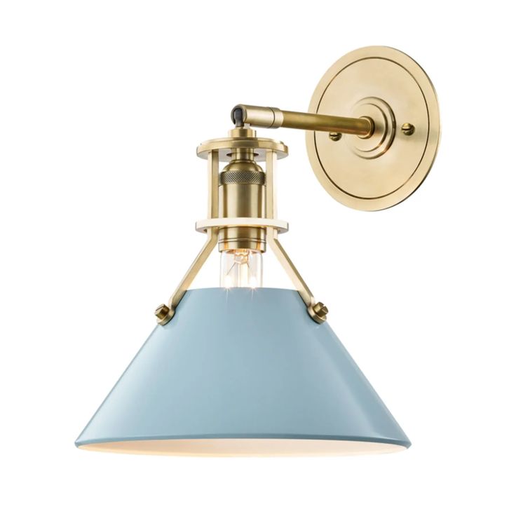 a light fixture with a blue shade on the side and a gold metal wall mount