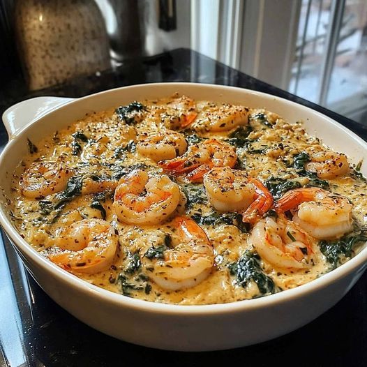 a casserole dish with shrimp and spinach in it on a black table