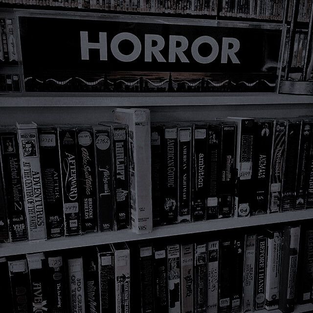 a shelf filled with lots of books next to a sign that says horror on it