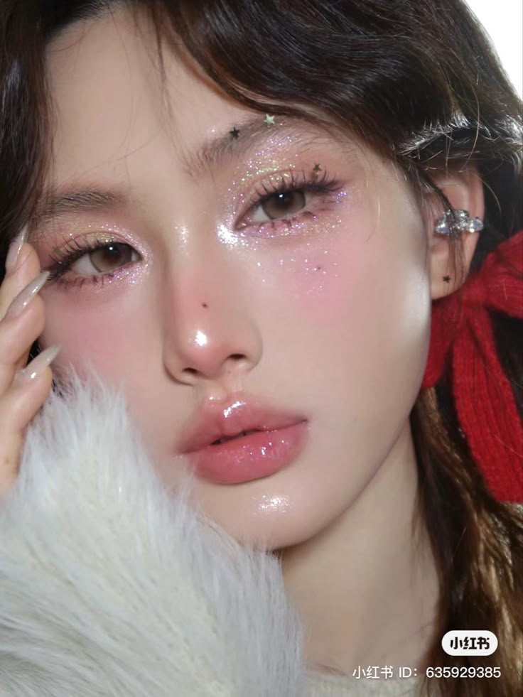 Ballet Core Makeup Look, Wedding Makeup Colorful, Asian Fairy Makeup, Fairy Inspo Makeup, Douyin Makeup Sparkle, Concert Makeup Kpop, Kpop Pink Makeup, Natural Glittery Makeup, Peach Douyin Makeup