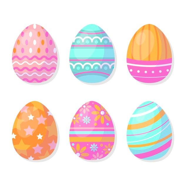 six colorful easter eggs with different patterns and designs on the side, all in different colors