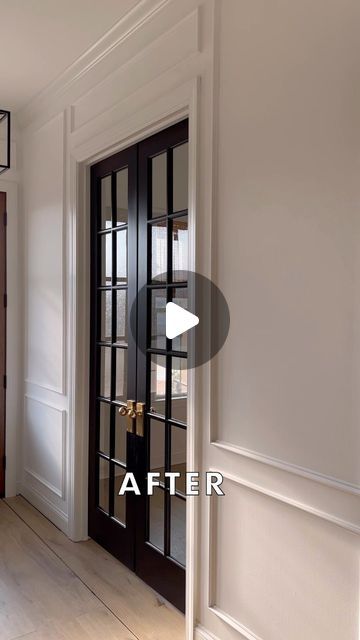 an empty hallway with wooden floors and black doors, before and after remodeling