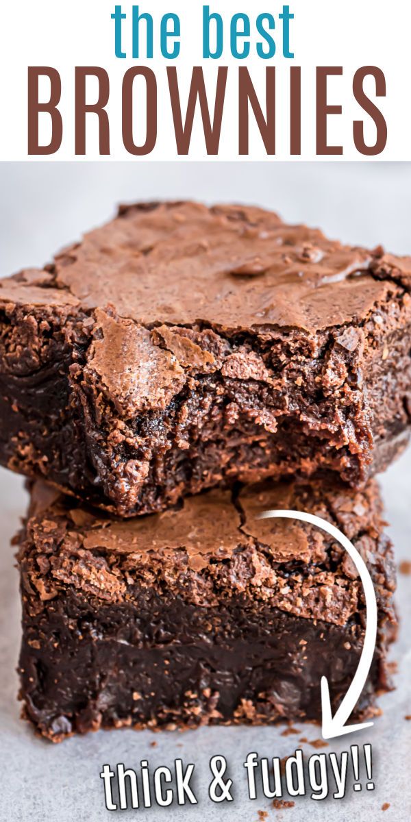 two brownies stacked on top of each other with the words thick and fudge