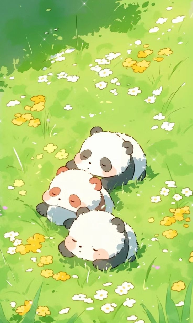 two panda bears are laying down in the grass and some daisies on the ground