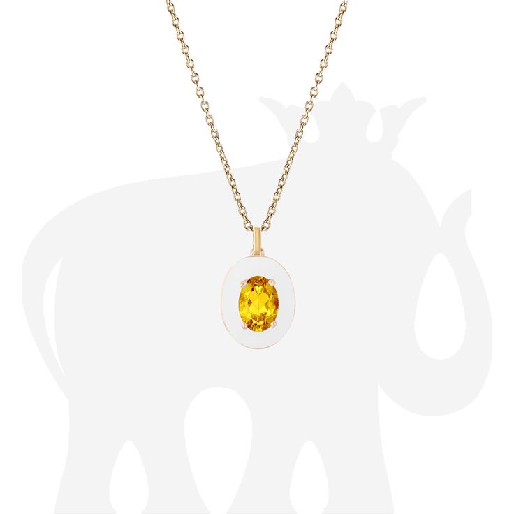 JP0141-CT-ENWH-Y 'Queen' Faceted Oval Citrine Pendant with White Enamel in 18K Yellow Gold Stone Size: 7 x 5 mm Length: 18 in Approx. gemstone Wt: 0.75 Carats (Citrine) Luxury Oval Citrine Jewelry, Gold Citrine Jewelry In Oval Cabochon Shape, White Oval Pendant Necklace With Polished Finish, Luxury Oval Birthstone Gemstones, White Gold Citrine Necklaces With Gemstones, White Oval Pendant With Polished Finish, Oval Citrine Gemstone Necklaces, Yellow Sapphire Oval Birthstone Jewelry, Luxury Citrine Cabochon Jewelry