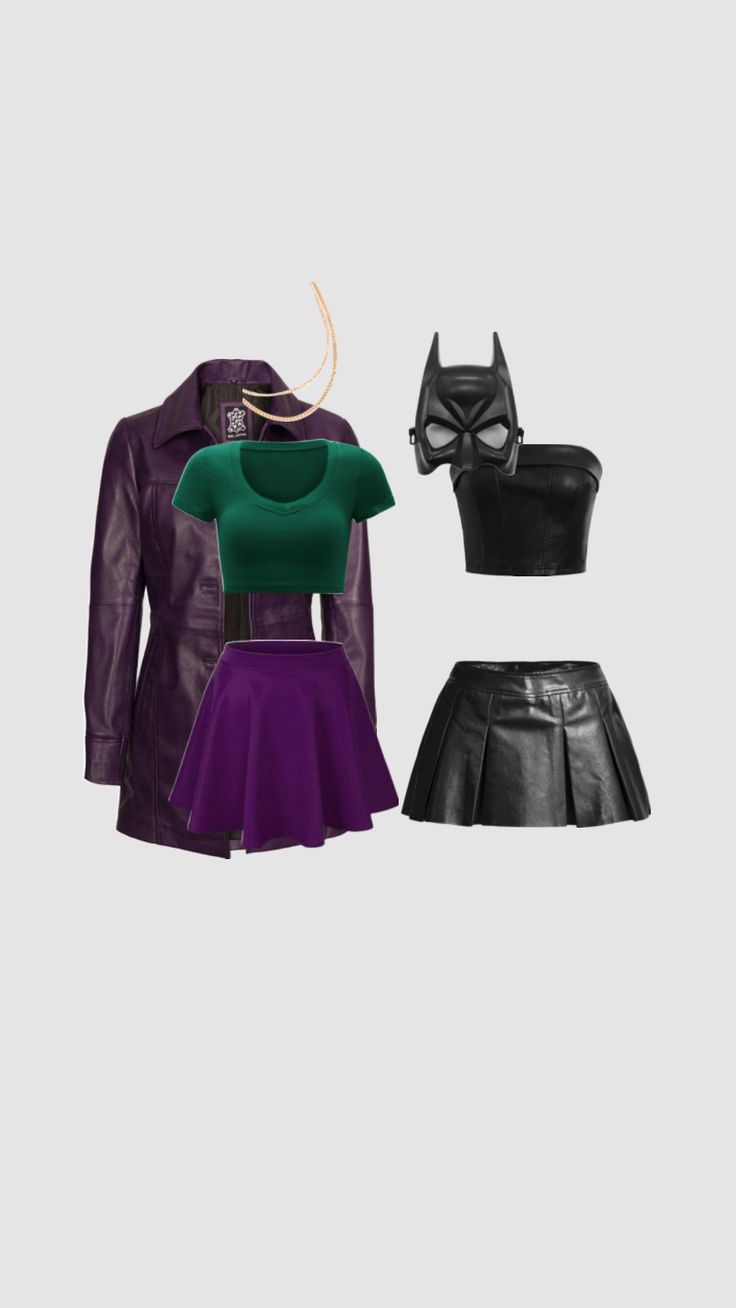 three pieces of clothing are shown in different colors and sizes, including black, green, purple