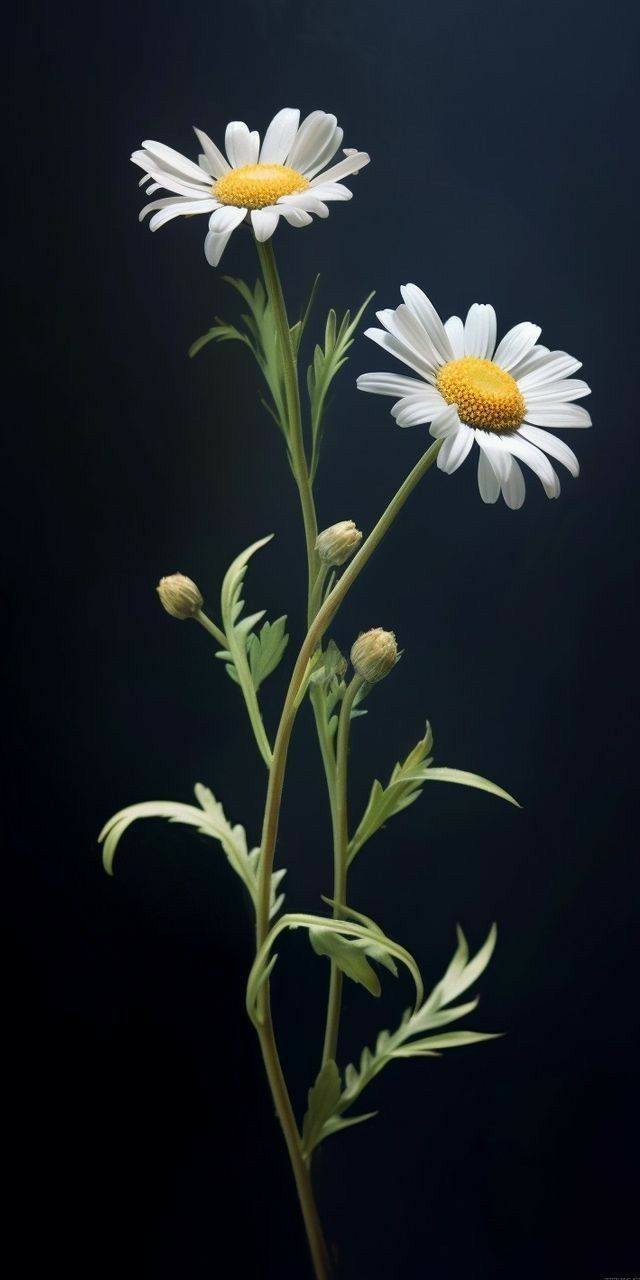 two white daisies with yellow centers on a black background