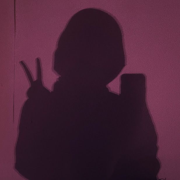 the shadow of a person holding a cell phone in front of a pink wall with writing on it