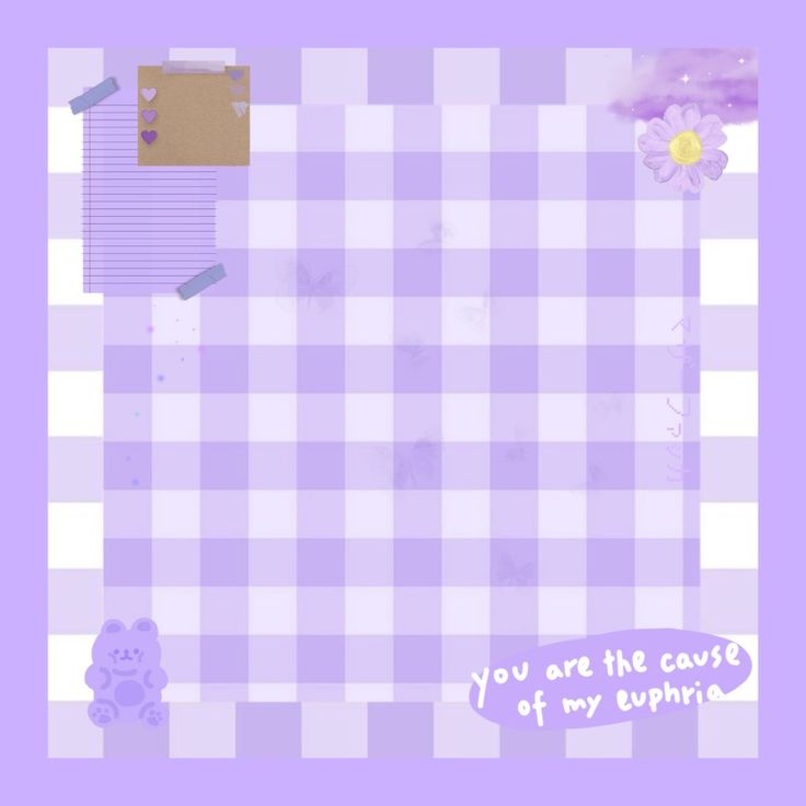 a purple and white checkered background with a teddy bear