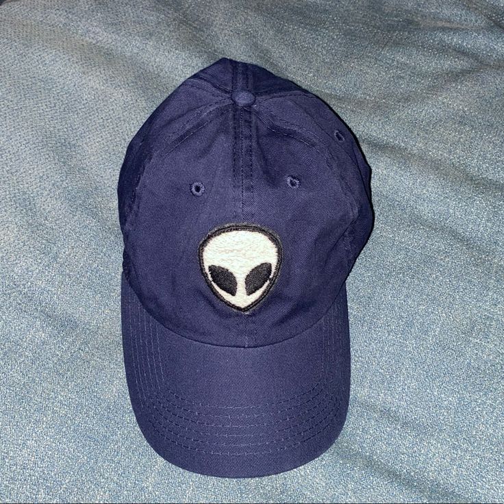 ***Rare Find*** Brand New Never Worn Adjustable Alien Head On Front And Navy Color Casual Blue Brimmed Hat, Navy Casual Fitted Hat With Curved Brim, Casual Navy Fitted Hat With Curved Brim, Blue Cotton Brimmed Baseball Cap, Blue Brimmed Cotton Baseball Cap, Trendy Navy Cap, Casual Blue Fitted Hat With Curved Brim, Casual Brimmed Fitted Hat, Casual Navy Snapback Dad Hat