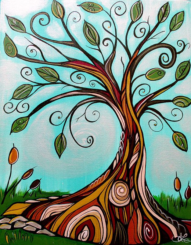 a painting of a tree with swirls and leaves