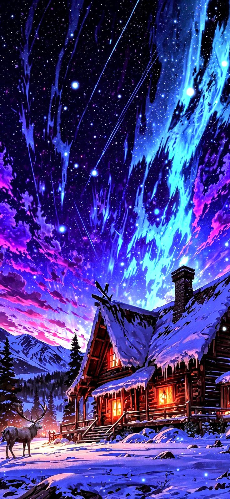 a painting of a cabin in the snow at night with stars and shooting comets