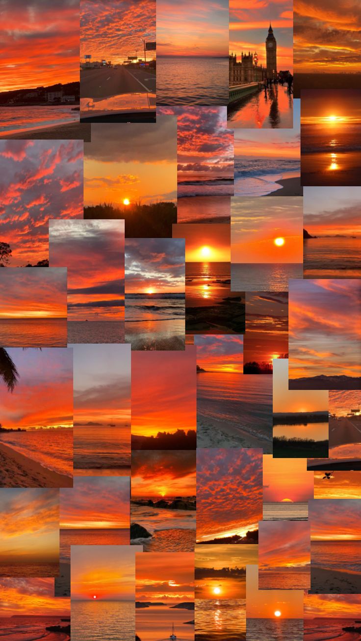 a collage of sunsets and clouds over water