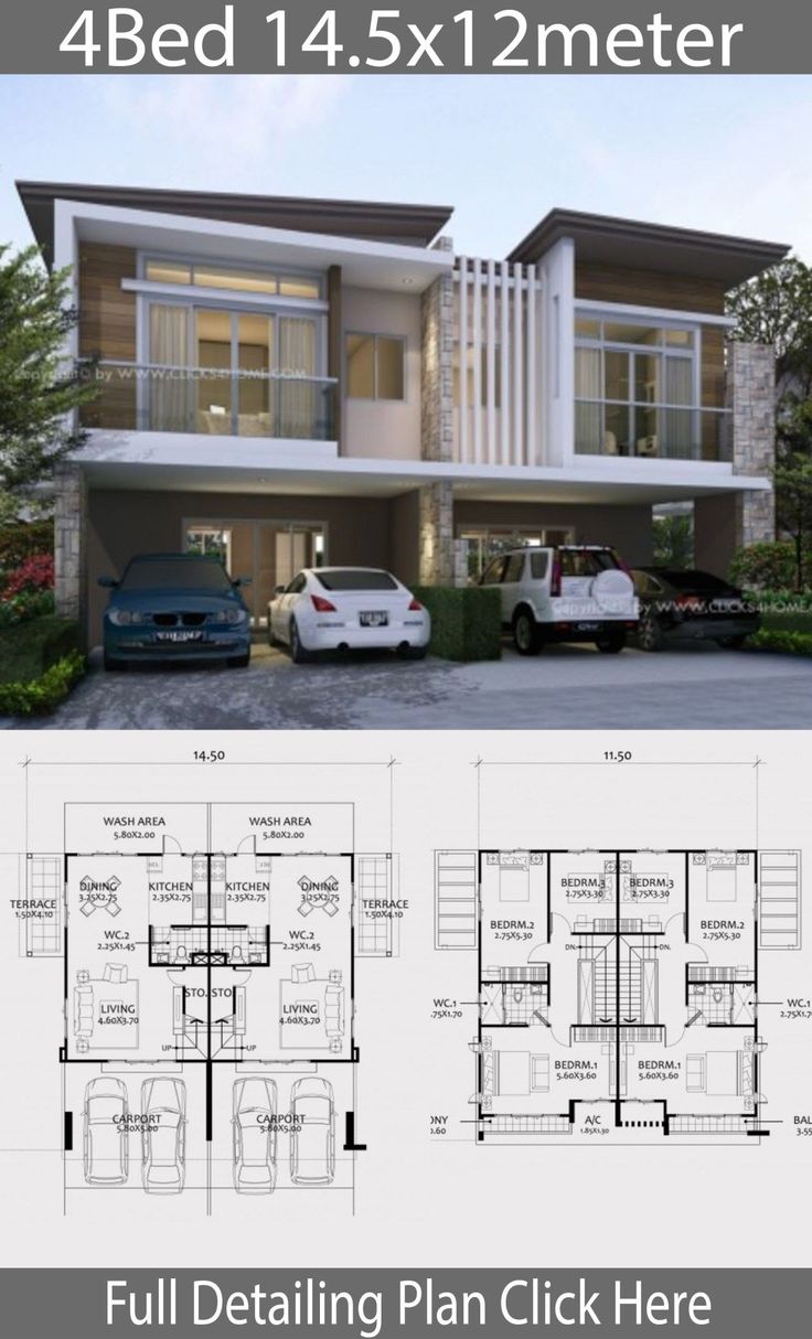 two story house plan with three cars parked in the driveway and an attached garage area