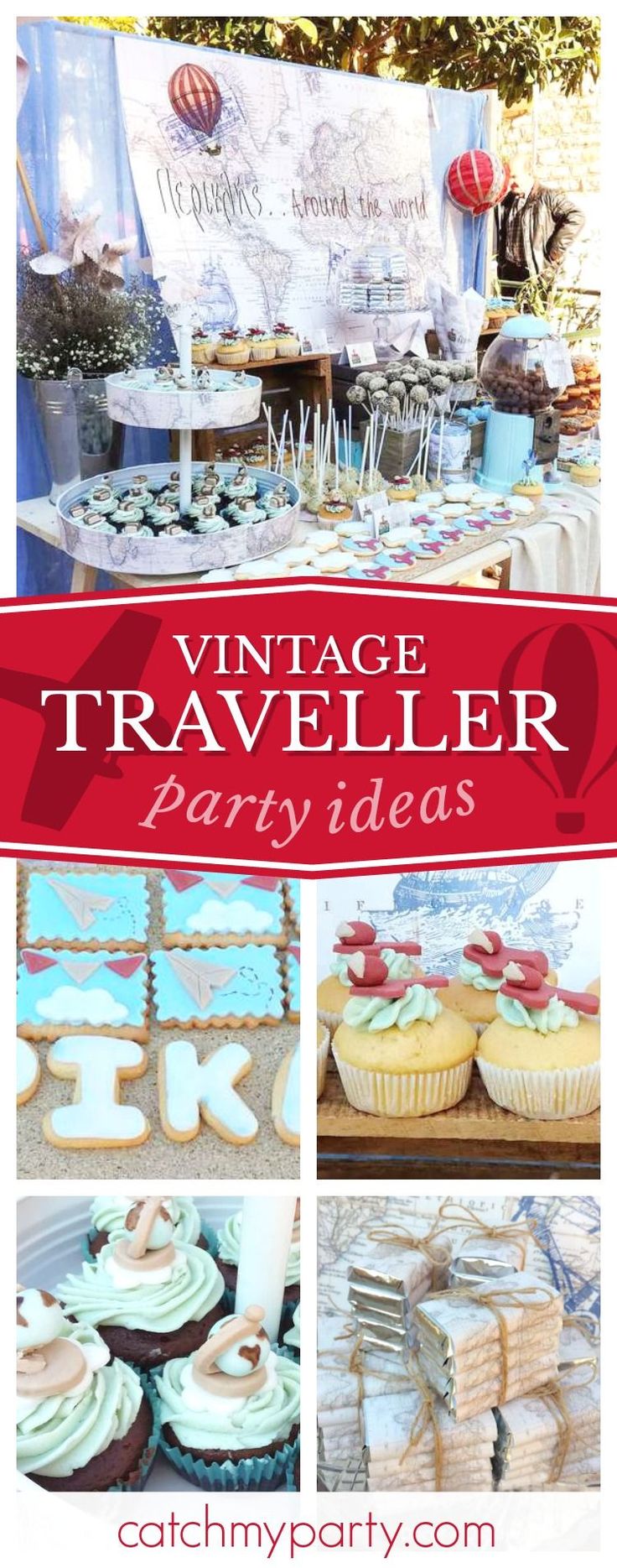 vintage travelier party ideas including cupcakes, cookies and desserts