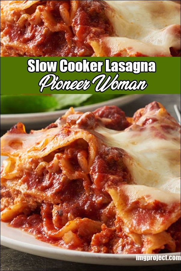 slow cooker lasagna recipe with meat and cheese on the top is shown