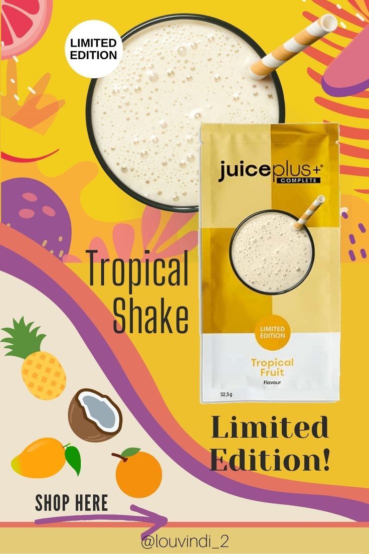 Topical shake with pineapple, coconut, mango and orange. Limited edition. Message me to order Fruit Shake, Shake Recipes, Nutritional Value, Tropical Fruit, Fruit Flavored, Health Products, Back In Stock, Balanced Diet, Yummy Snacks